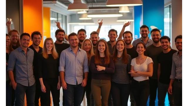 Excited PlayForge Studios team celebrating new studio launch event