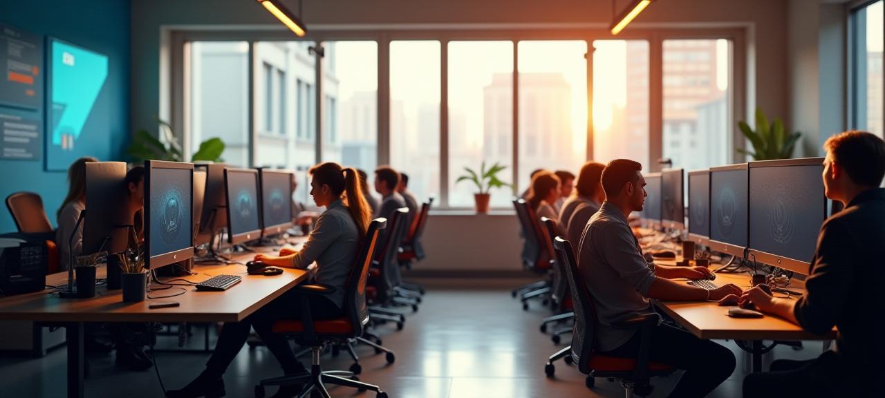 Modern game development studio workspace with collaborative team