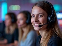 Support team assisting gamers with headset and chat bubbles